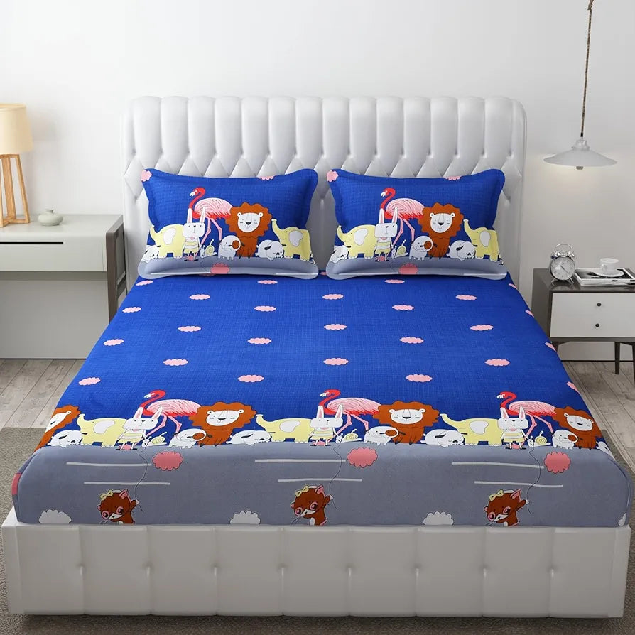 FRESH FROM LOOM Glace Cotton Wrinkle Free Soft Hypoallergenic Elastic Fitted Cartoon Printed Bedsheets for Kids with 2 Pillow,Jungle/Blue),Double Bed,300 TC