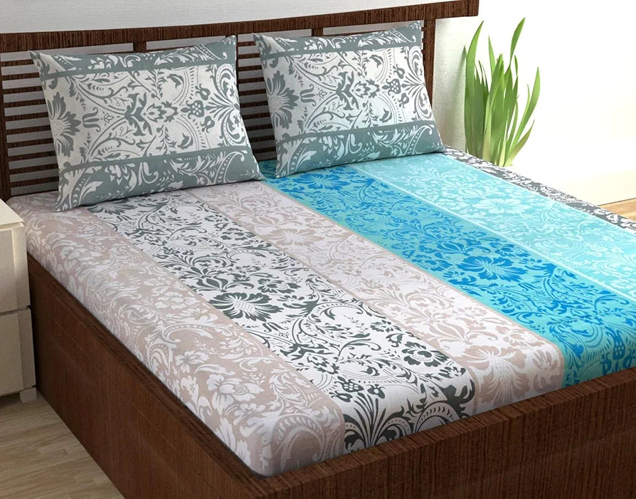 Divine Casa Double Size Bedsheet for Double Bed, 144 TC Pure Cotton Queen Size with 2 Pillow Covers | 222 by 254 cm | Floral | Grey & Blue