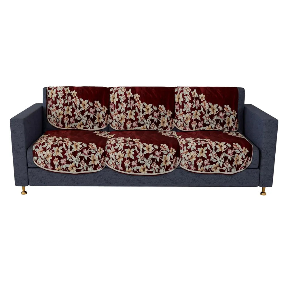Kuber Industries Sofa Cover Set | Sofa Slip Cover Set | Side Flower Sofa Cover | Velvet 5 Seater Couch Cover | Sofa Slipcover Set | Sofa Cover for Living Room | Maroon
