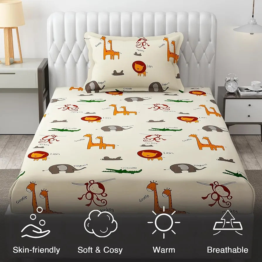 FRESH FROM LOOM Glace Cotton Wrinkle Free Soft Hypoallergenic Bed Sheet | Cartoon Printed | Single Bedsheet Bedsheet for Kids Room Boys Girls with 1 Pillow Cover , 144 TC