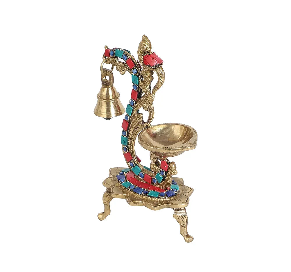 Two Moustaches Gemstone Work Ethnic Carved Peacock Design Brass Diya with Bell , Brass Antique Oil Lamp, Diyas for Home , Size - 8 Inches , Standard , Pack of 1