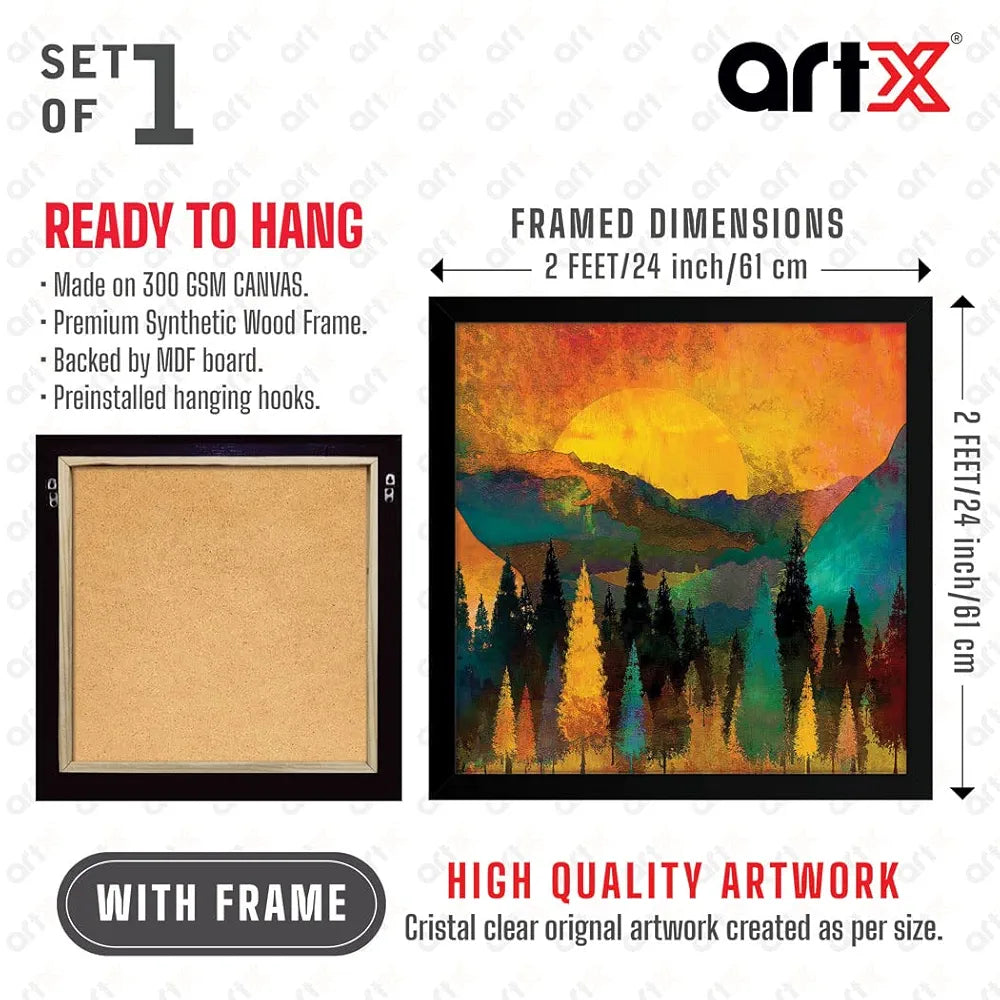 ArtX Forest Tree Sunset Big Canvas Painting For Bedroom and Living Room With Frame, Multicolour, Square, 24.0 x 24.0 inch, 2x2 Feet, Set Of 1