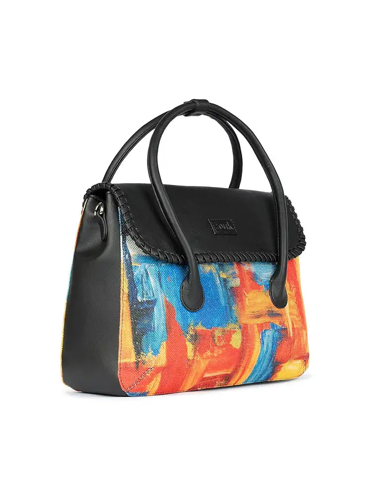 ZOUK Printed Jute Handcrafted Vegan Leather Multicolor Women's Satchel Bag | Ladies Purse Handbag | Double Handle Detachable Strap