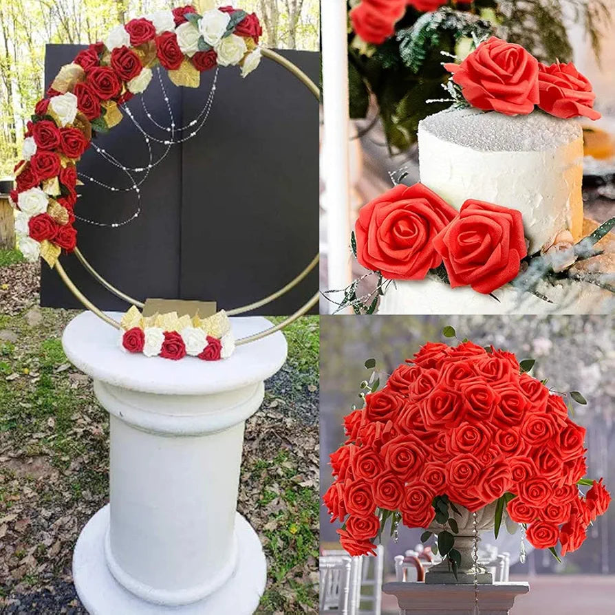 IPOPU 100 Pcs Artificial Flowers Roses Flower Heads Coral Red Foam Fake Roses for DIY Craft Wedding Centerpieces Arrangements Party Baby Shower Cake Decor Home Decorations 