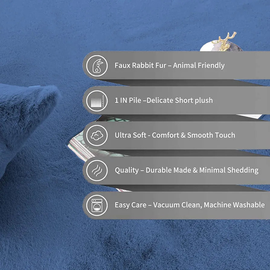 LUXE HOME INTERNATIONAL Ruffle Floor Rug Rabbit Fur 1000 GSM Living Room Foot Mats Anti Skid Water Absorbent Easy Machine Washable Rectangular Rug for Bedroom|Floor|3 X 5 Ft|Blue|Pack of 1
