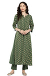 Janasya Women's Green Crepe Foil Printed Kurta with Pant