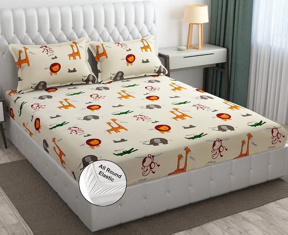 FRESH FROM LOOM Glace Cotton Wrinkle Free Elastic Fitted Bed Sheet with 2 Pillow,Cartoon Printed,Bedsheet for Kids Room ,Cream/Animal),Double Bed,300 TC