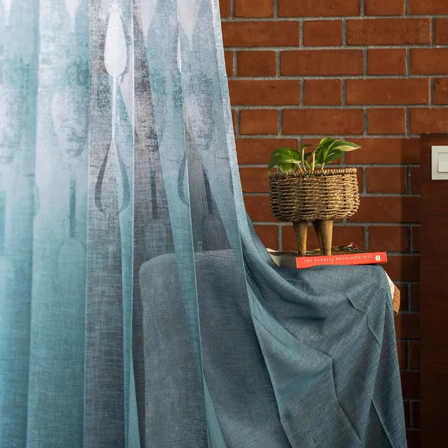 Urban Space Polyester Printed Sheer Curtains for Long Door 8 feet,35-40% Light Filtering Textured Decorative Curtains with Eyelets & TieBack, Set of 2 Curtains 