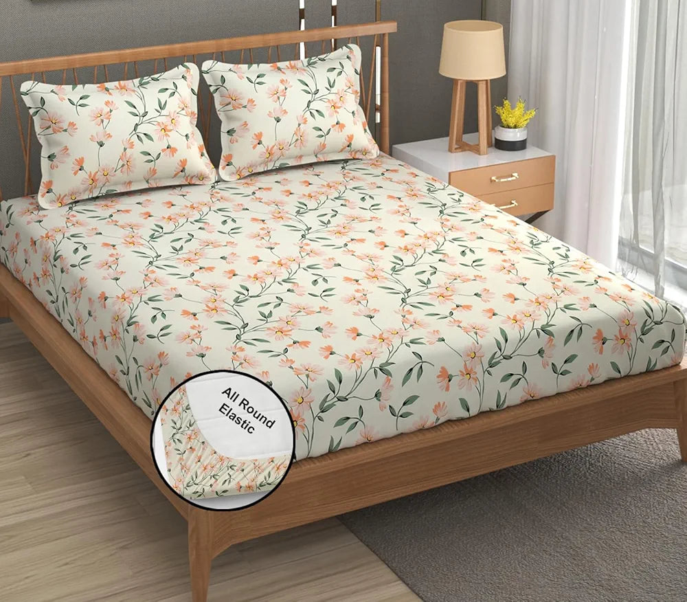 FRESH FROM LOOM King Size Microfiber Floral Print Fitted Bedsheet - 240 TC, Hypoallergenic, Includes 2 Pillow Covers  | Barely-Peach)