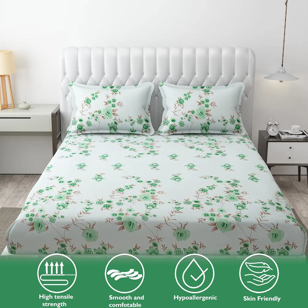 Fresh From Loom Floral Print 240 TC Microfiber Fitted King Size Bedsheet Set with 2 Pillow Cover - Hypoallergenic & Soft  | Cyan, Floral Design)