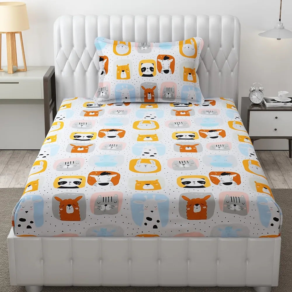 FRESH FROM LOOM Glace Cotton 300 tc Wrinkle Free Soft Hypoallergenic Elastic Fitted Cartoon Printed|Bedsheet For Boys & Girls Room |Cream/Panda), Smallsingle