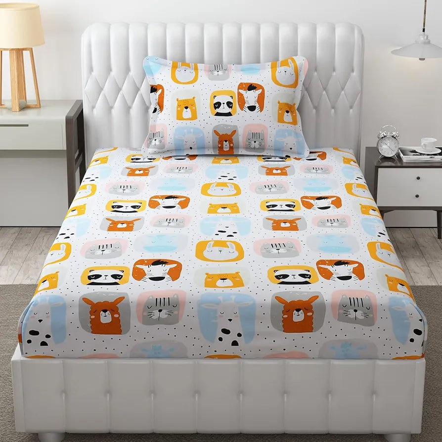 FRESH FROM LOOM Glace Cotton Wrinkle Free Soft Hypoallergenic Bed Sheet|Cartoon Printed|Single Bedsheet Kids Bedsheet For Boys & Girls Room With One Pillow Cover , 144 tc