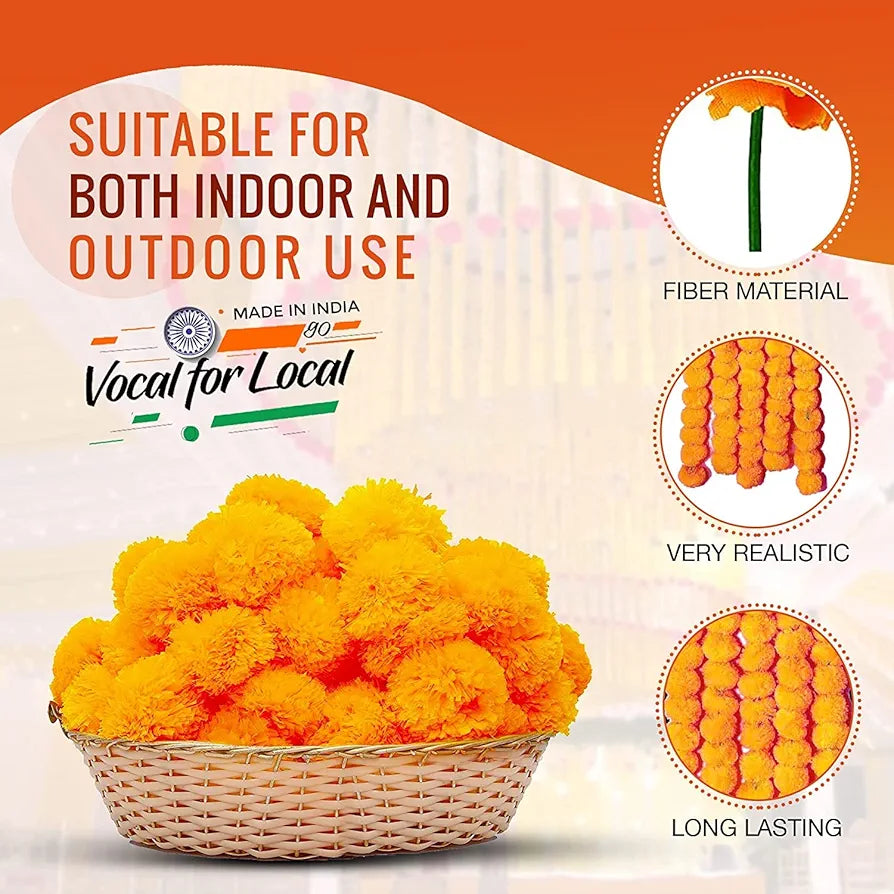 HOME BUY Artificial Marigold Flowers for Decoration Garland for Diwali & Festivals | 5 Feet Long 5pcs in 1 Packet 