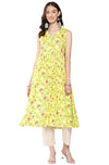 Janasya Women's Lemon Yellow Moss Digital Floral Printed Gathered Kurta