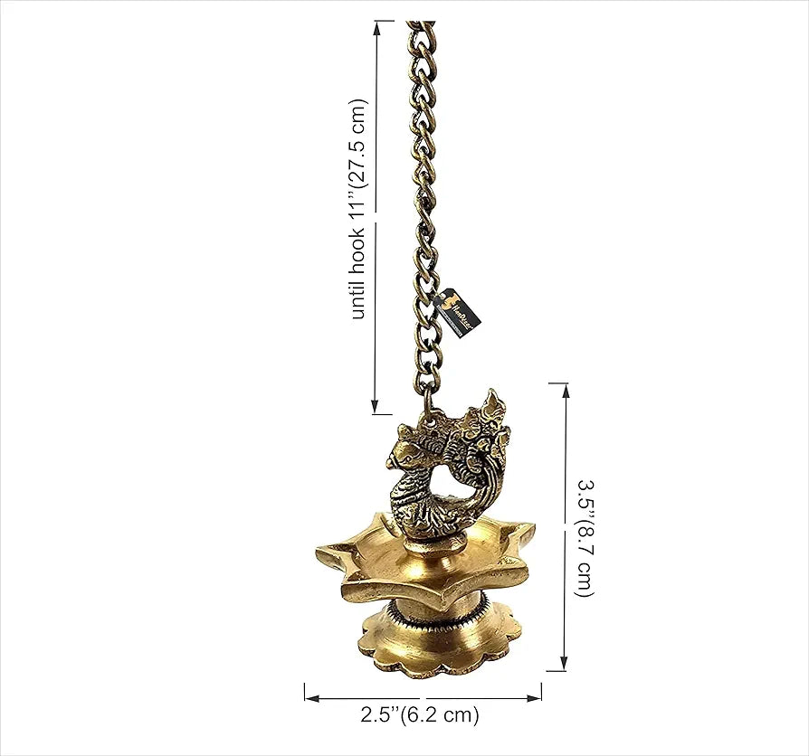 Two Moustaches Brass Peacock Carved Hanging Diya Set, Antique Yellow -Pack of 2, Standard