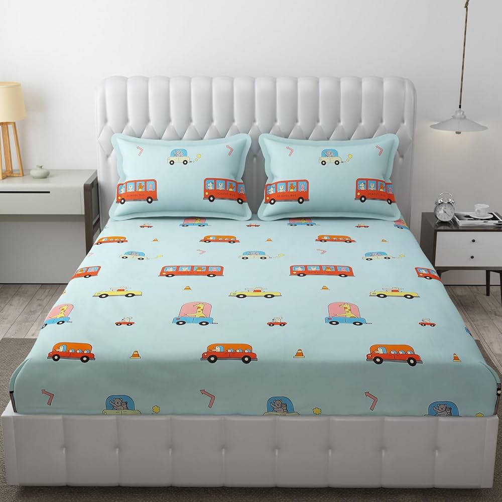 FRESH FROM LOOM Glace Cotton Wrinkle Free Soft Hypoallergenic Bed Sheet with 2 Pillow Cover | Cartoon Printed | Double Bed King Size Kids Bedsheet  144 TC