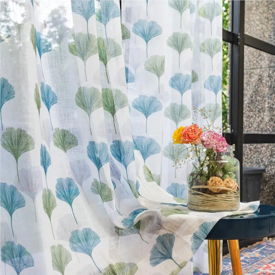 Urban Space Sheer Linen Curtains for Door, 35-40% Light Filtering Linen Textured Decorative Curtains with Eyelets and TieBack for Bedroom, Set of 2 Curtains, 