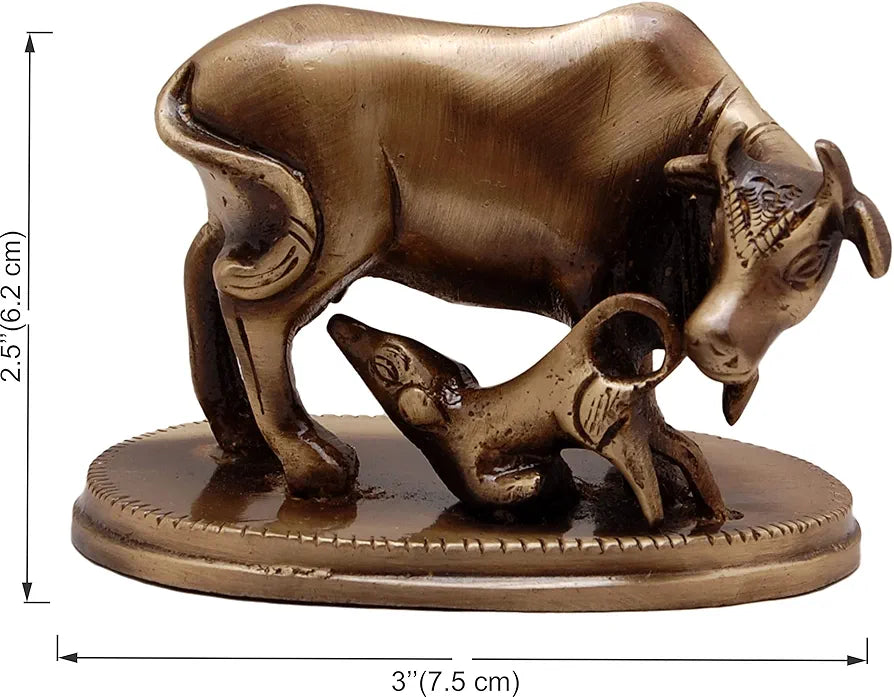 Two Moustaches Brass Kamdhenu Cow & Calf Showpiece, Handcrafted Brass Kamdhenu Statue, Brown, Standard, Pack of 1