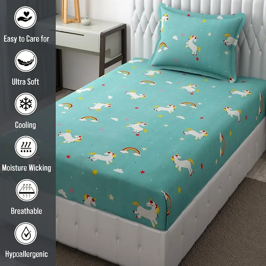 FRESH FROM LOOM Cartoon Wrinkle Free Microfiber Bedsheet For Kids Single Bedsheet With One Pillow Cover , Multicolor, 144 TC