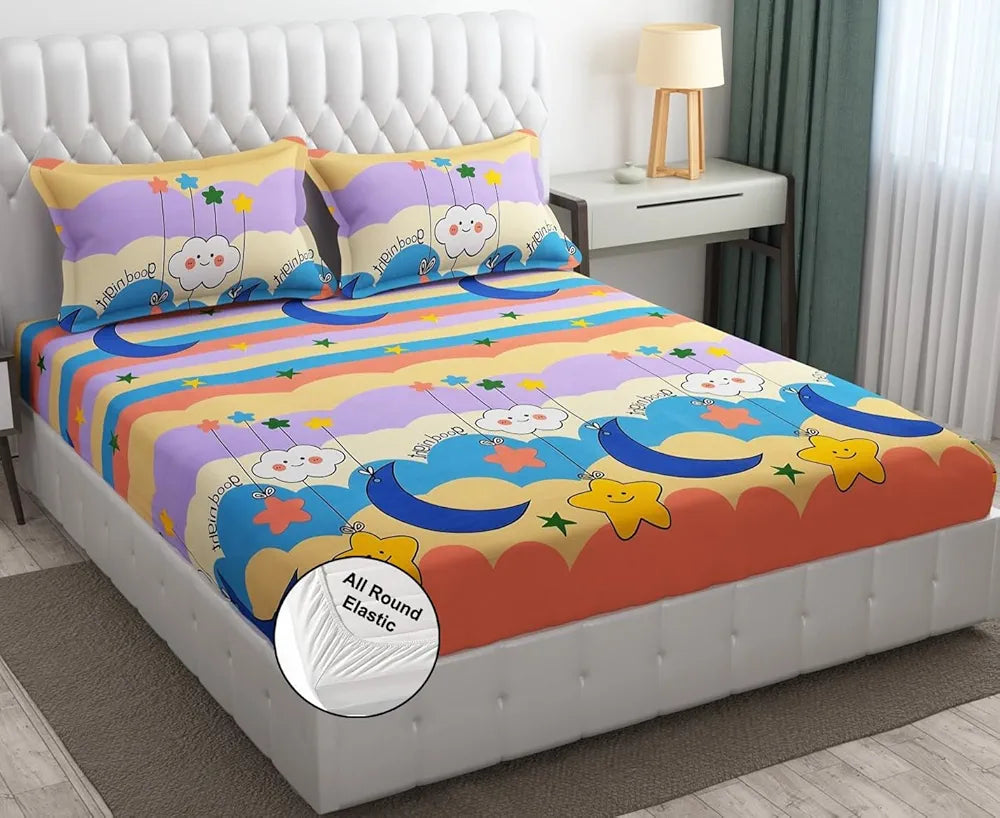FRESH FROM LOOM Animal 300 TC Wrinkle Free Glace Cotton Elastic Fitted Bedsheet for Kids with Two Pillow Cover |Moon Gud Night), queen, gud night multi color