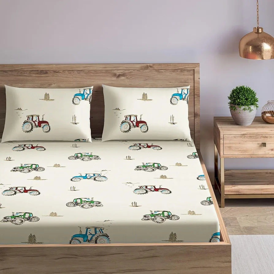 Trance Home Linen 180Tc 100% Cotton Standard King Size Elastic Fitted Kids Bedsheet | Cartoon Printed King Bed Size Elasticated Fitted Bedspread with 2 Pillow Covers 