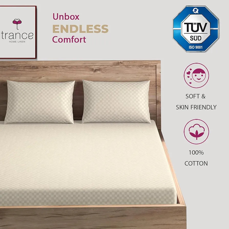 Trance Home Linen 300TC Premium Fitted Bedsheet for Queen Size Bed with 2 Pillow Solid Cover - Skin Friendly 100% Cotton Jacquard Weave 
