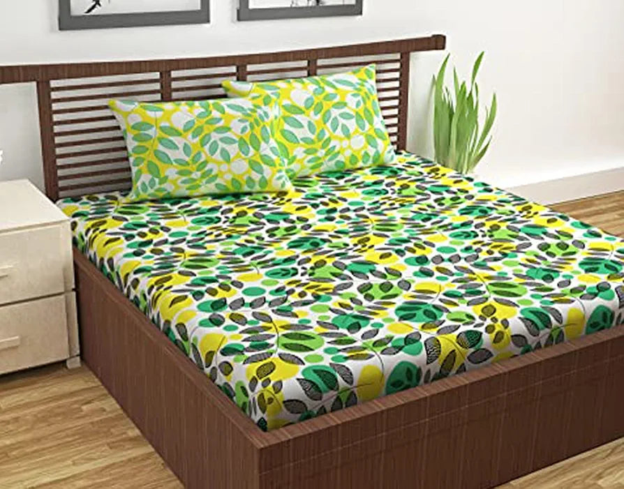 Divine Casa - 144 TC Super Soft Cotton Bedsheet for Double Bed  144 Thread Count - Floral, Green & Yellow| 222 x 254 cm