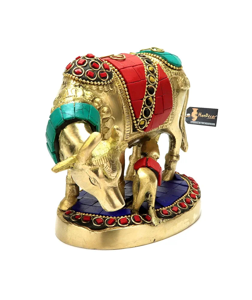 Two Moustaches Gemstone Work 5.5 Inches Kamdhenu Cow Brass Showpiece, Standard, Multicolor, Pack of 1