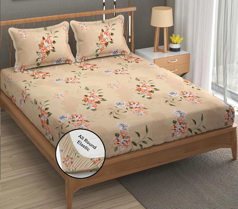 Fresh From Loom Hypoallergenic Floral Print Fitted King Size Bedsheet with 2 Pillow Covers - Microfiber, 240 TC | Beige, Floral Design)