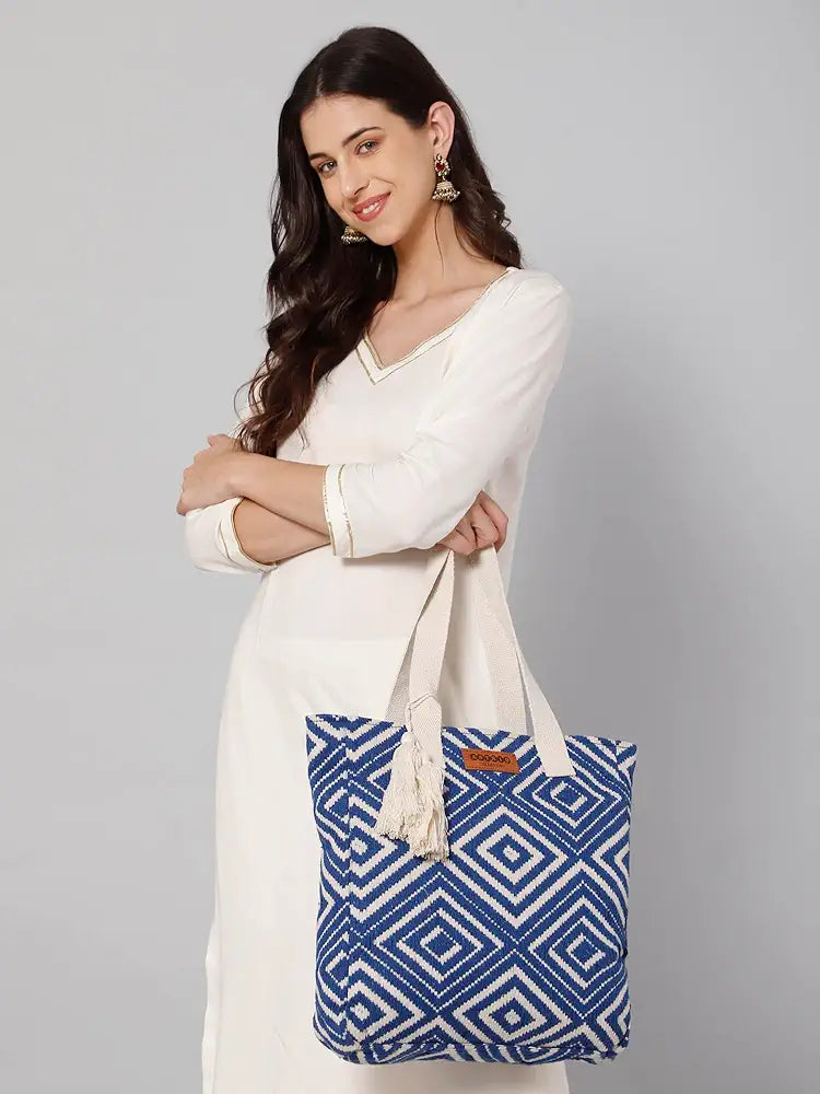 ASTRID Blue Diamond Textured Cotton Tote Bag