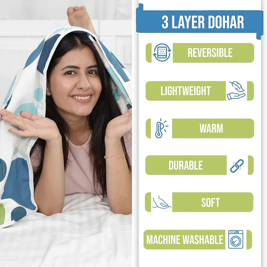 Divine Casa 100% Cotton All Season Reversible Dohar Double Bed Size | AC Blanket | Lightweight Bed Blanket | TC - 120