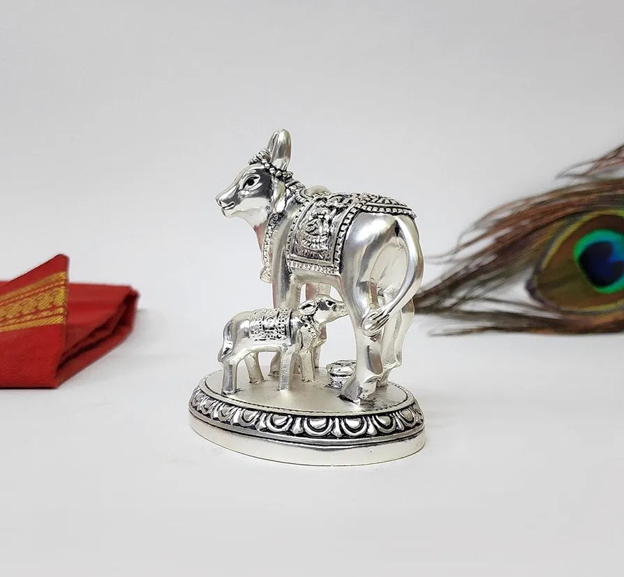 Gold Art India Kamdhenu Cow and Calf Idol | Silver Matte Finish Decorative Murti | 7.62 cm x 7.62 cm | Sacred Gau MATA Statue for Home Temple & Gift