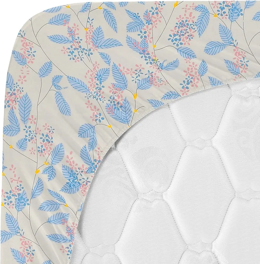 HOMEKART Premium Cotton Elastic Fitted Bedsheets with 2 King Size Pillow Covers Double Bed with All Around Elastic Supersoft Size - 72 x 78 +10 inches Flower Print Off White and Blue 200 tc - 220 tc