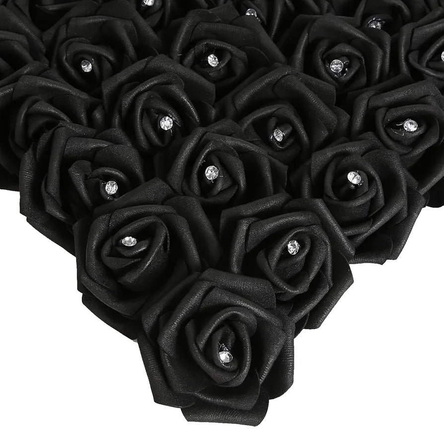 IPOPU 100pcs Black Rose Artificial Flower Heads Bulk with Crystal 3in Real Looking Foam Fake Roses Faux Flowers for DIY Craft Wedding Bouquets Arrangements Party Table Home Decorations