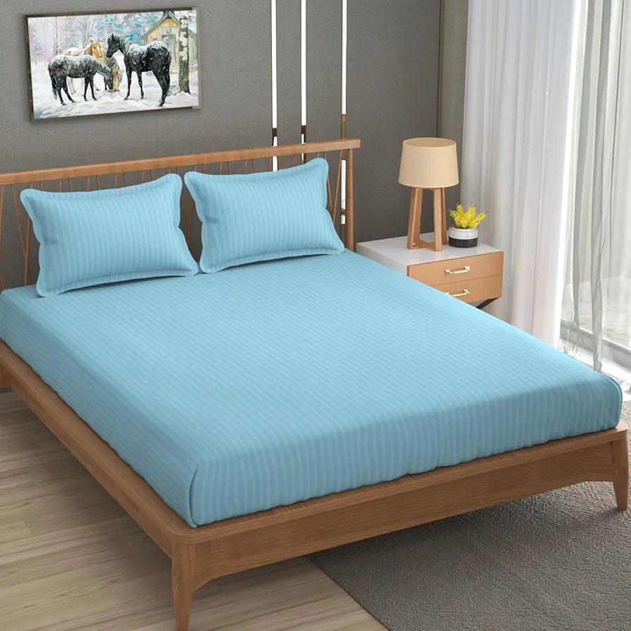Homefab India 160 TC Stripe Glace Cotton Double BedSheet with 2 Pillow Covers -  - Light Blue