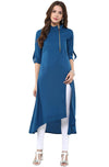 Janasya Women's Poly Crepe Solid High Low Kurta Blue