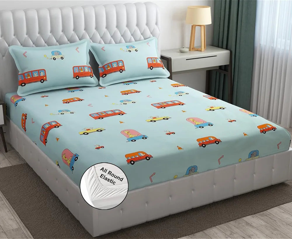 FRESH FROM LOOM 300 TC Glace Cotton Soft Hypoallergenic Elastic Fitted Bed Sheet with 2 Pillow Cover|Cartoon Printed|Kids Bedsheet |Aqua/Bus), queen