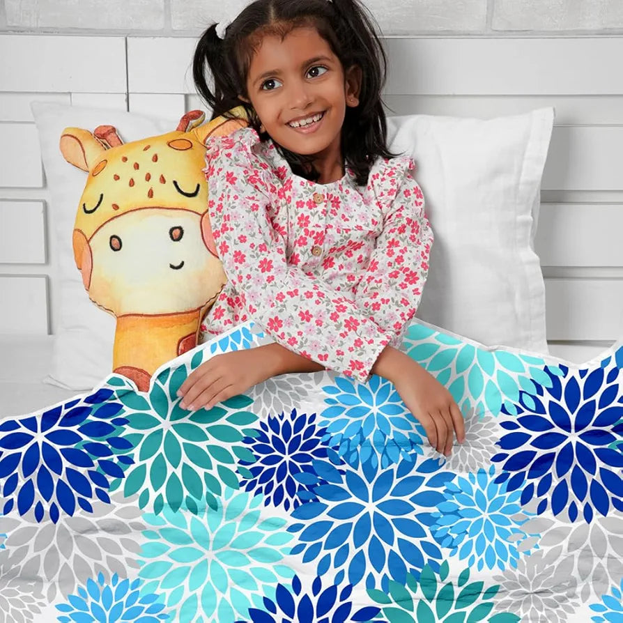 Divine Casa Floret 100% Cotton Single Kids Dohar | 120 GSM | Soft & Lightweight Throw Blanket | Cozy & Breathable Bedding | All-Season Comfort | 140 x 100 CM, Blue Aqua