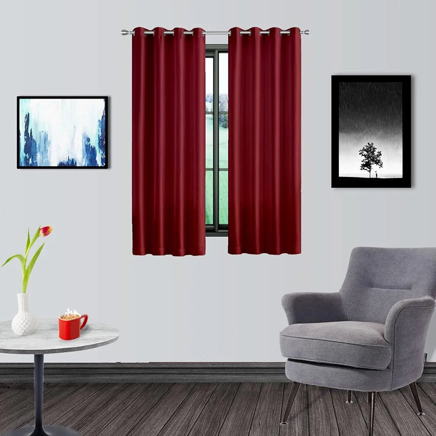 Divine Casa 5 Feet Semi Blackout Window Curtains | Set of 2 Maroon Polyester Panels with Grommets | Light Filtering Curtains for Living Room, Hall & Guest Room