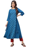 Janasya Women's Teal Blue Crepe Ethnic Motif Printed A-Line Kurta with Tassels