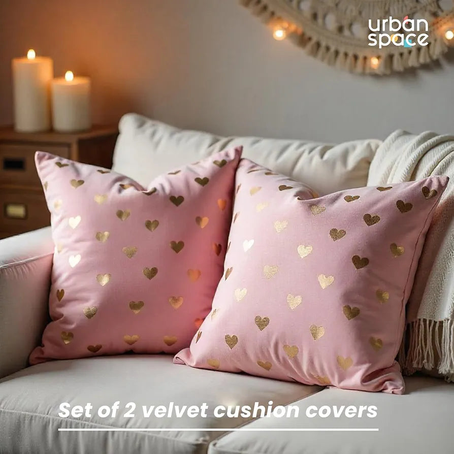 Urban Space Decorative Velvet Gold Foil Heart Cushion Cover Set of 2, 16 inch x 16 inch Cushion Covers for Sofa, Bedroom, Living Room 