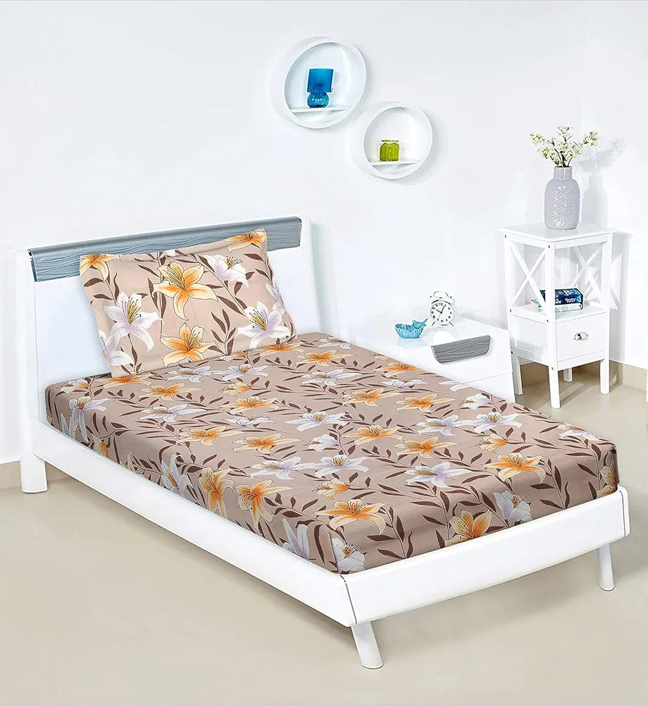 Kuber Industries Cotton Single Bedsheet with 1 Pillow Cover | Wrinkle Free Single Bedsheet for Kids Room | Flower Design | Light Brown