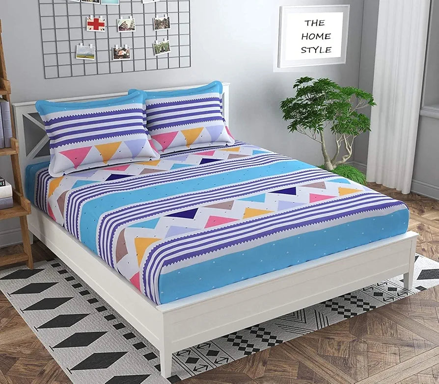 THE HOME STYLE 300 TC Cotton Feel Glace Cotton Printed King Size Double Bed Bedsheet with 2 Pillow Covers_90x100 Inches 