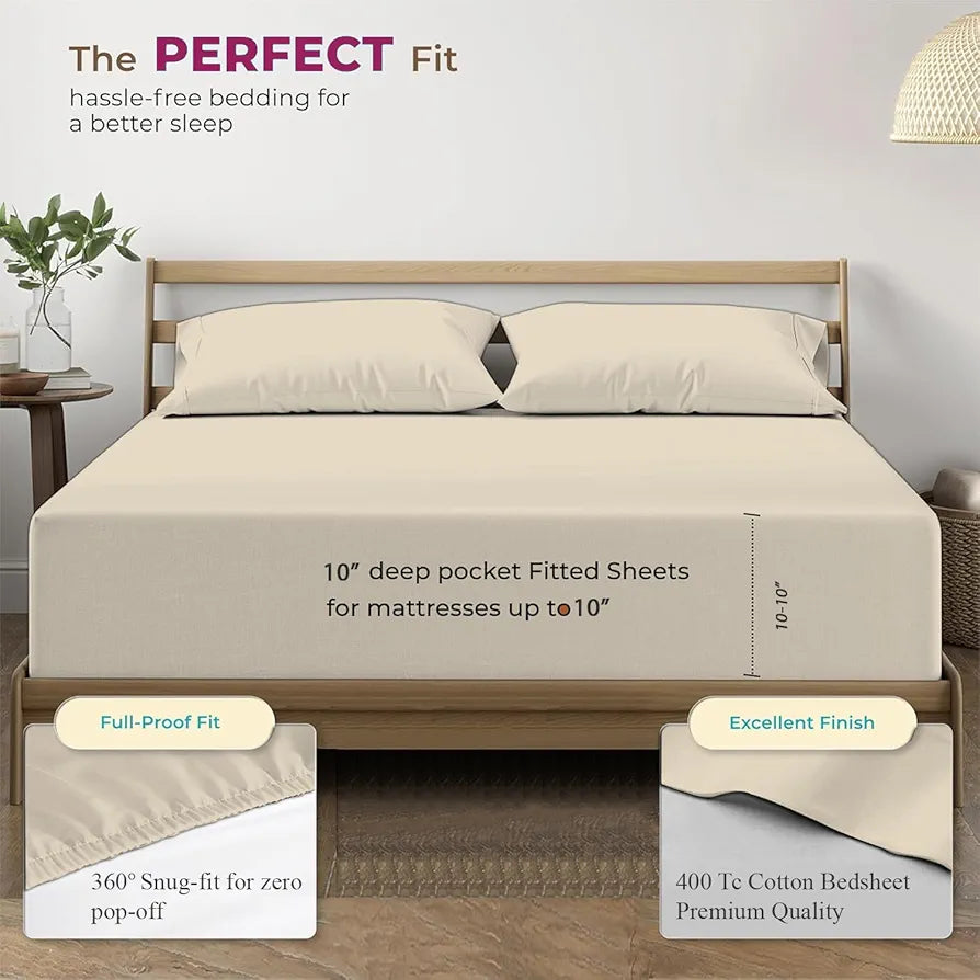 Trance Home Linen 100% Cotton 78 x 60 inch Queen Elastic Fitted Bedsheet | 400TC Premium Queen Double Bed Size Plain Fitted Elastic Bed Sheet with 2 Pillow Covers 