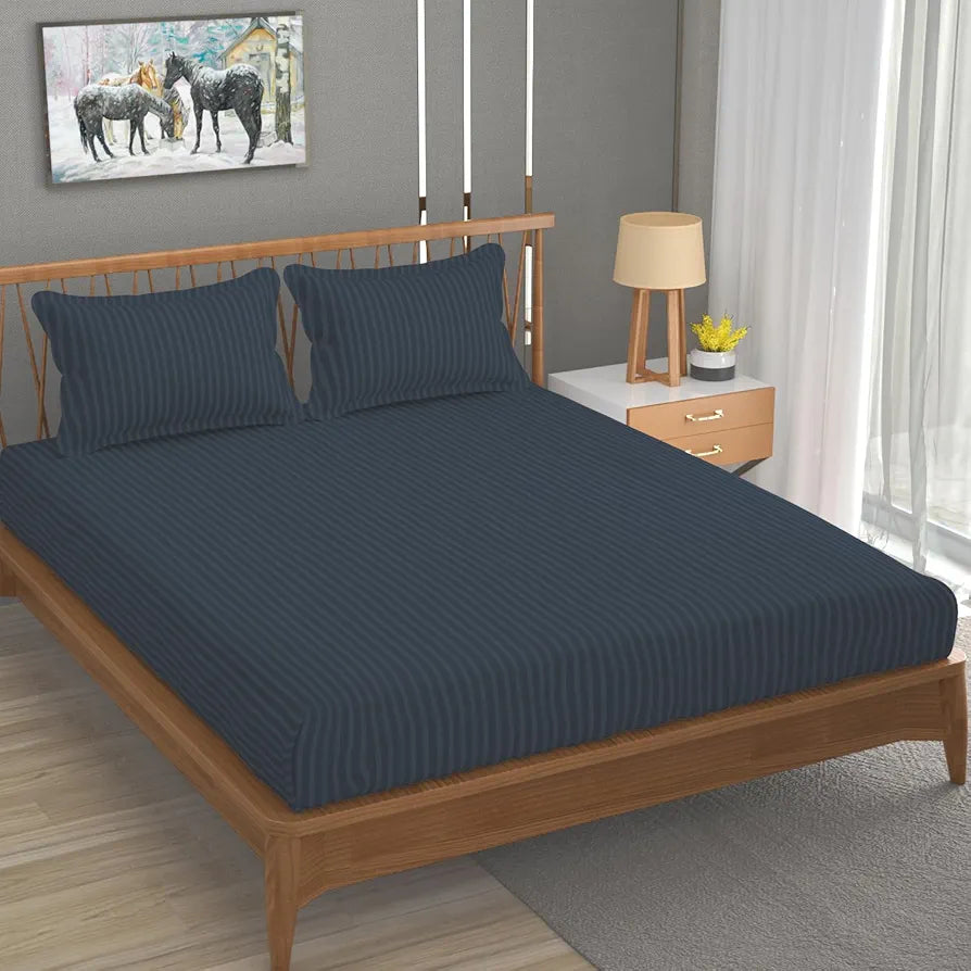 Homefab India 160 TC Stripe Cotton Feel Glace Cotton Elastic Fitted King Size Double Bed Bedsheet with 2 Pillow Covers Fits Upto 6 inches Mattress, Size-72X78 inches, Grey