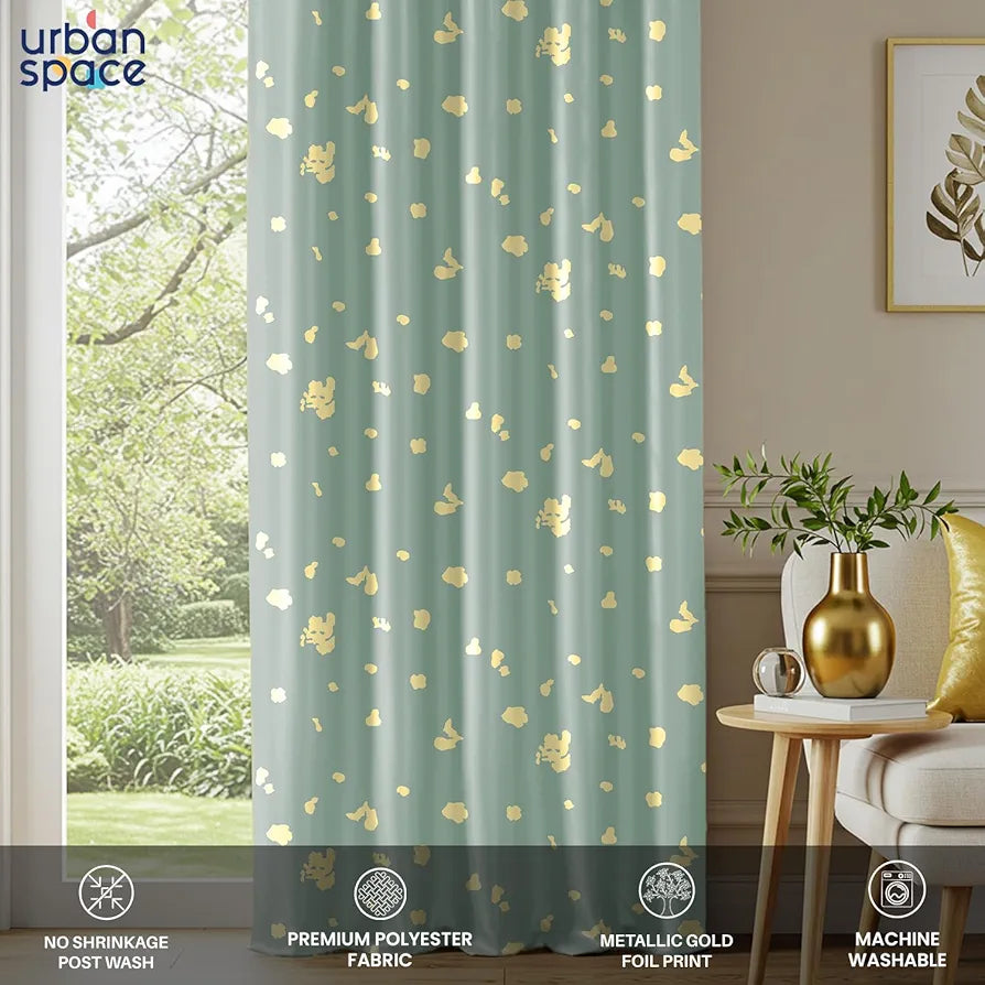 Urban Space Blackout Curtains for Living Room, Gold Foil Printed Luxurious 100% Blackout Decorative Door Curtain Eyelet with Tieback, 1 Piece 