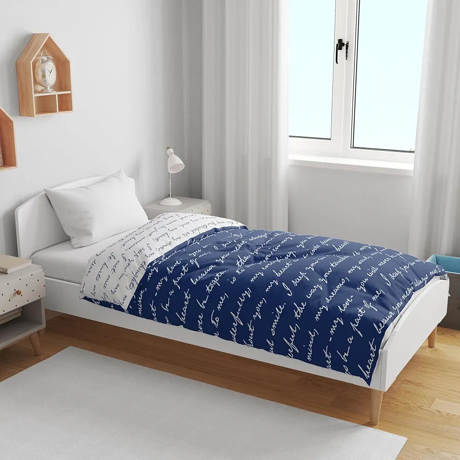 Divine Casa 120 GSM Microfiber Single Kids Dohar  | Soft & Lightweight Throw Blanket | Cozy & Breathable | All-Season Comfort | 140 x 100 CM | Typography Pattern | Blue Depth