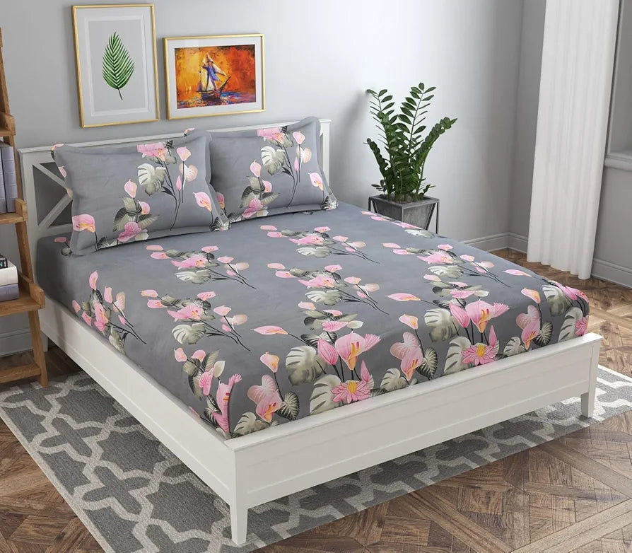 Homefab India 144 TC Microfiber Double BedSheet with 2 Pillow Covers - Floral, Grey