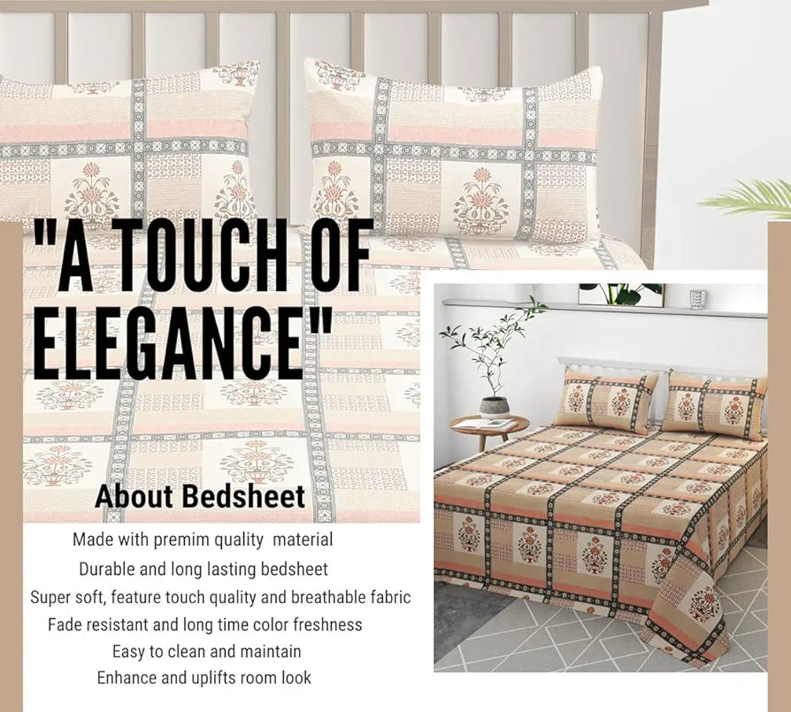 Ultra Super Soft 100% Pure Cotton Double Bedsheet with Two Pillow Covers for Your Bedroom | Floral & Block Printed Premium Bedsheet 