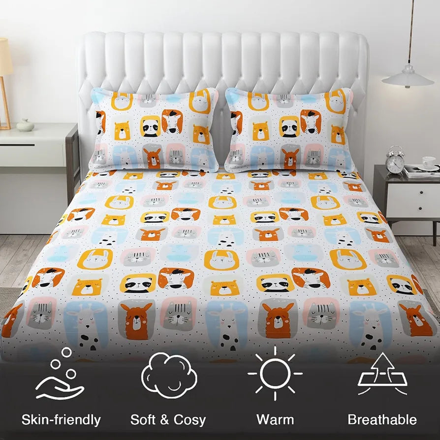 FRESH FROM LOOM Glace Cotton Wrinkle Free Soft Hypoallergenic Bed Sheet with 2 Pillow Cover,Cartoon Printed,Double Bed King Size Kids Bedsheet for Boys & Girls Room,144 TC